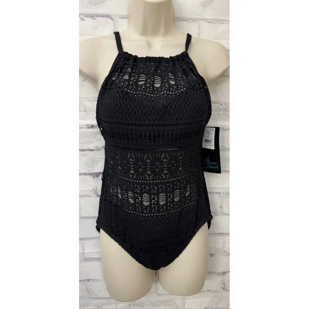 Aqua Green One Piece Swimsuit Med 8-10 Black Sheer Cut‎ Outs High Neck New